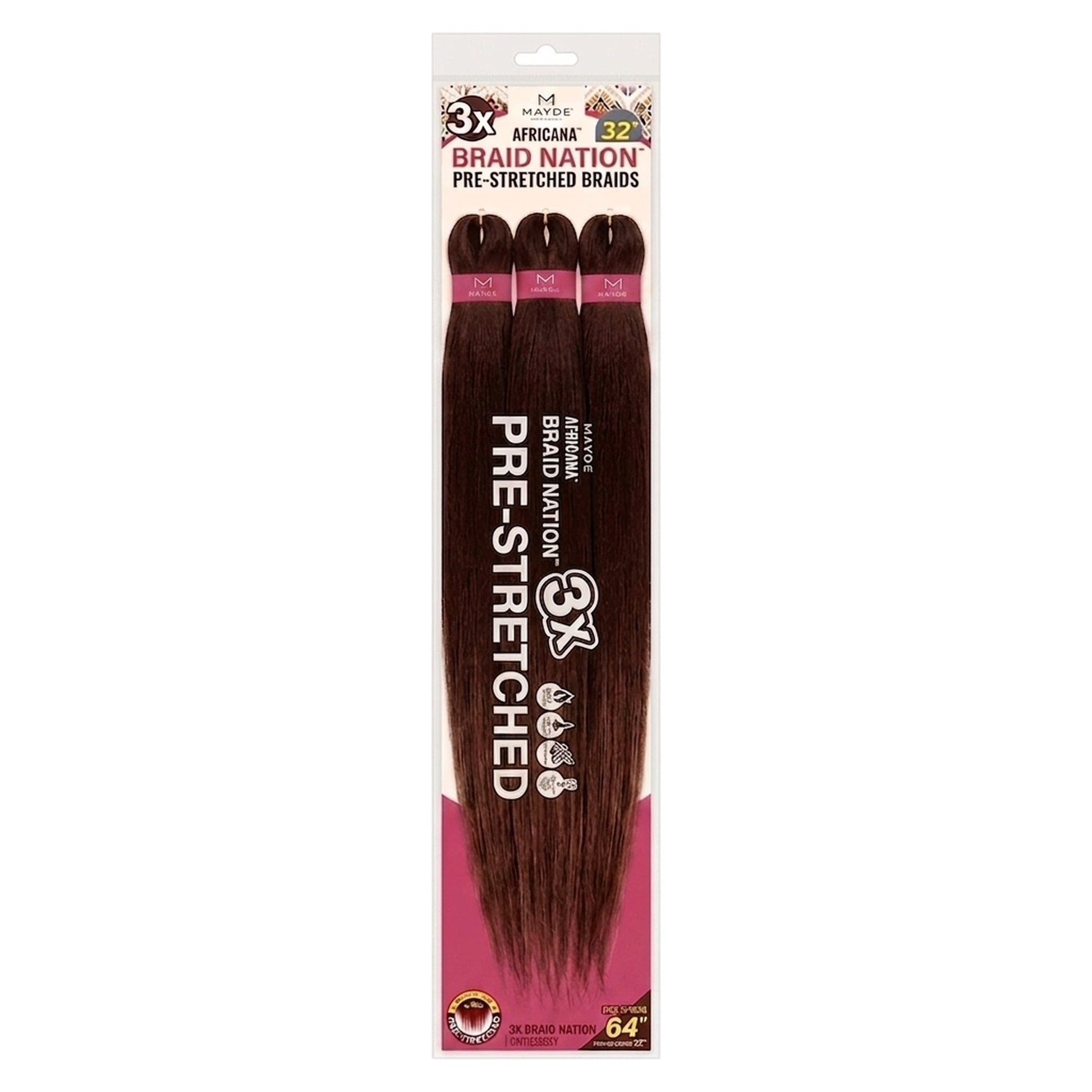 Mayde 3X Africana Braid Nation Pre-Stretched Braids, dark brown/black color.