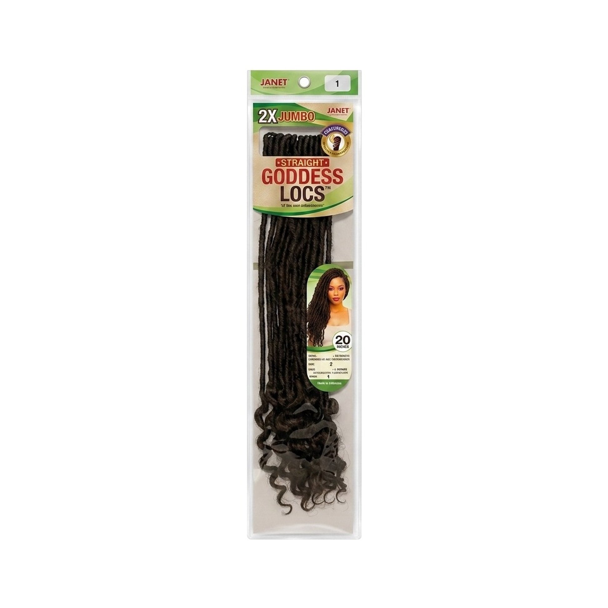 Janet 2X Mambo Straight Goddess Locs crochet hair, black, 20 inch, 20 strands