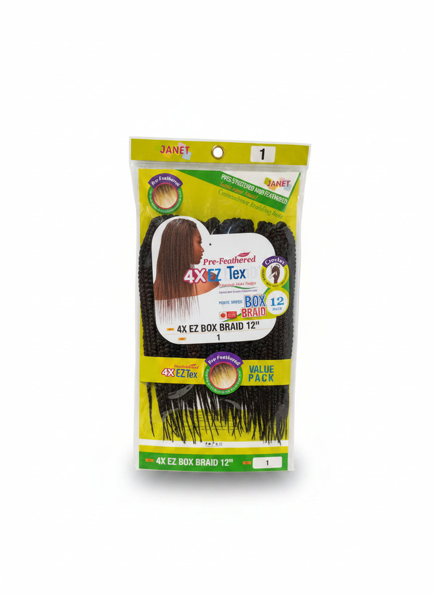Image of Janet 4X EZ Box Braid hair, pre-stretched and pre-layered for easy installation, ideal for creating full and neat box braids.