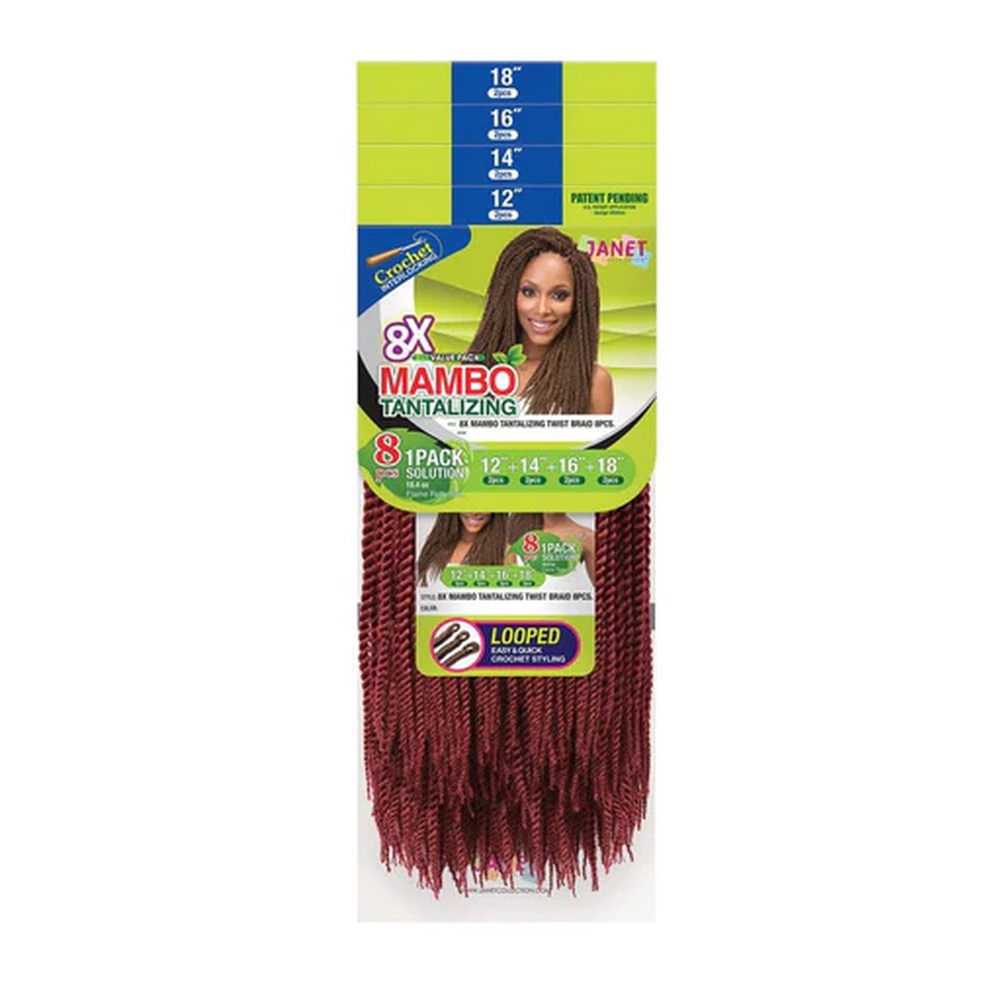 Retail package of Janet Collection 8X Mambo Tantalizing crochet twist hair with mixed lengths from 12 to 18 inches.