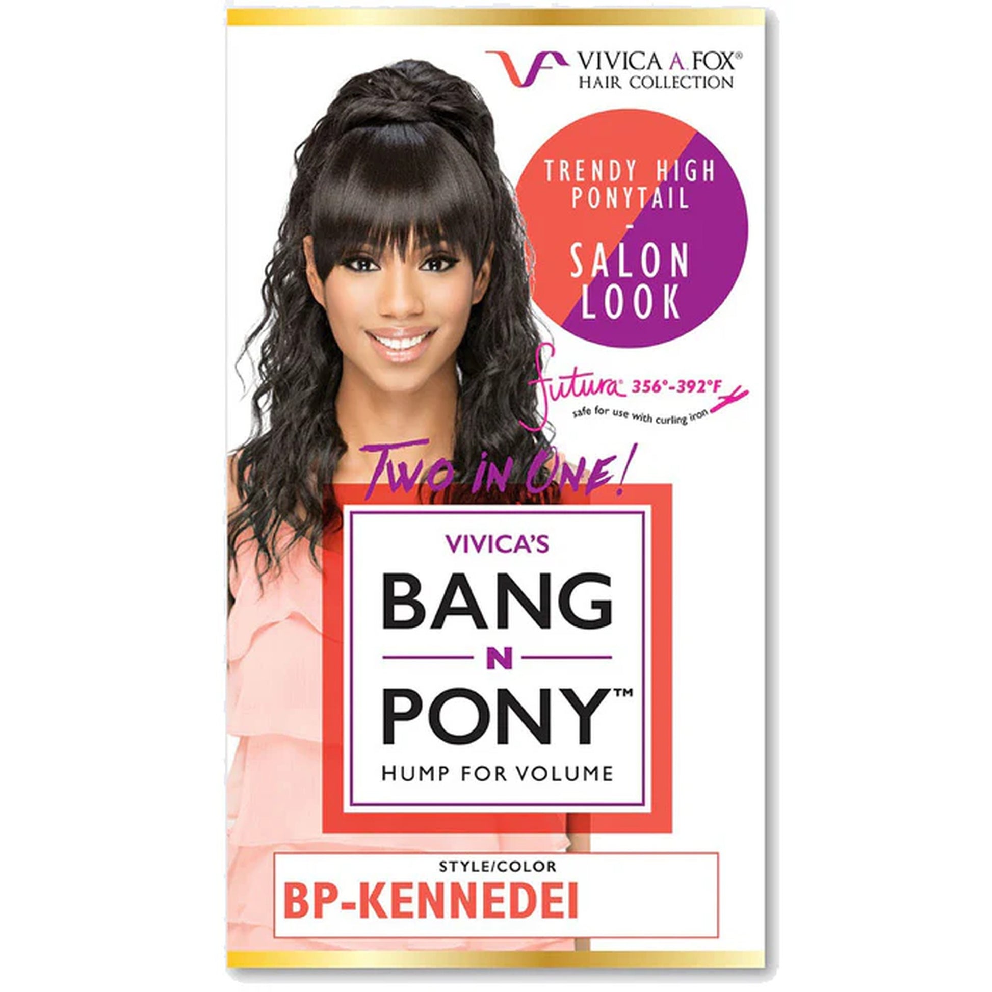 Retail packaging for Vivica A. Fox BP-KENNEDEI Bang-N-Pony synthetic hairpiece in color 4, featuring a wavy ponytail and bangs.