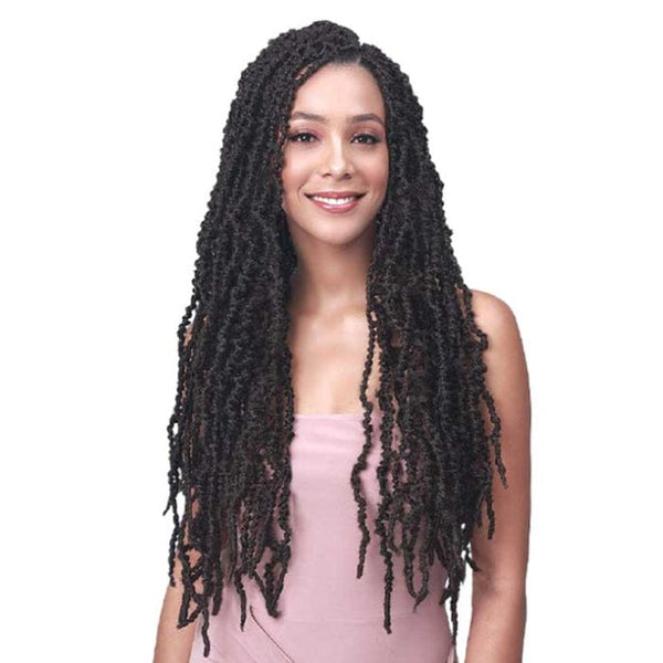 BOBBI BOSS Nu Locs Distressed Butterfly Locs Crochet Hair 24 Inch Premium Synthetic Fiber shown styled on a model
