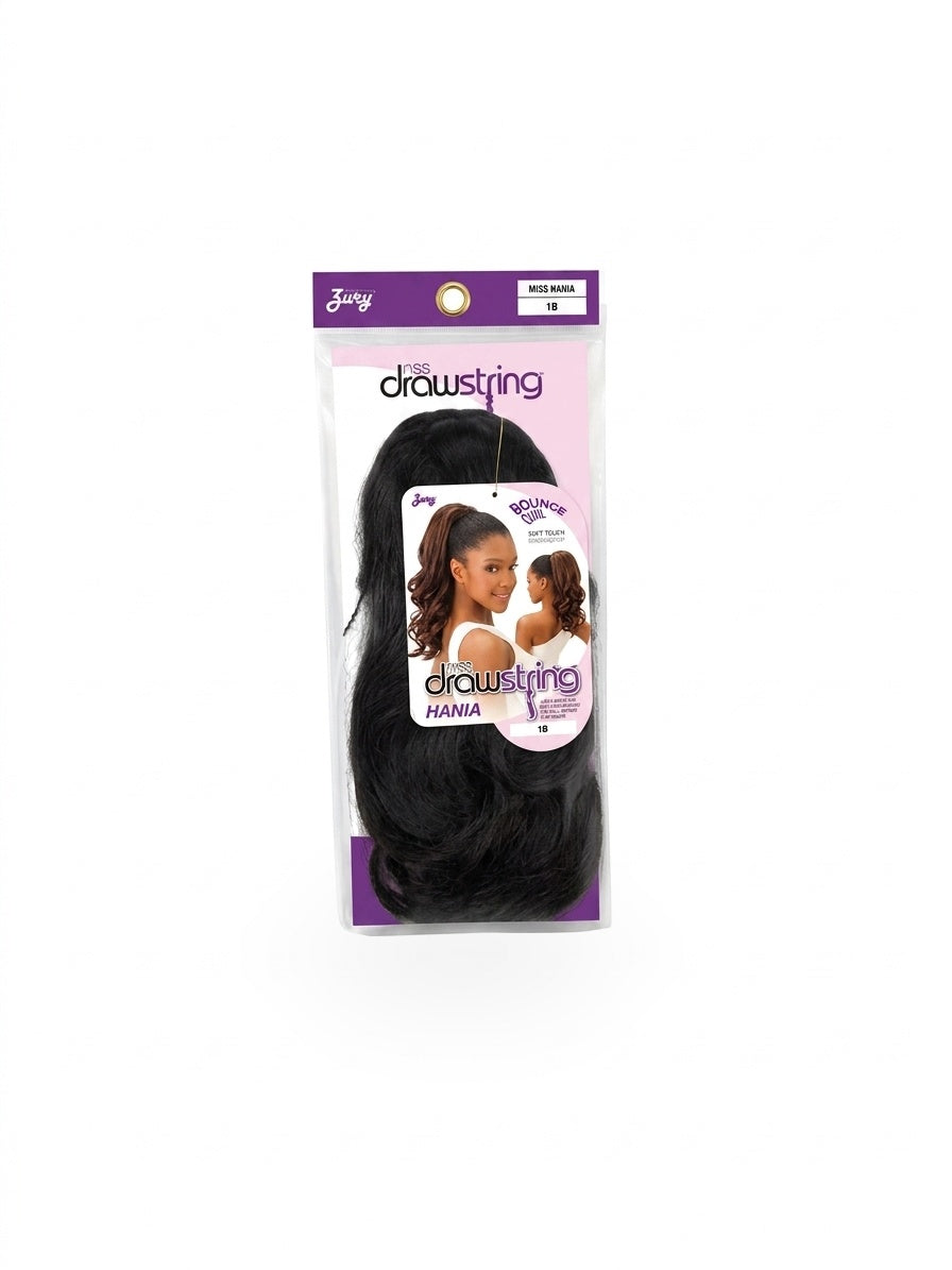 Packaged Zury Miss Hania drawstring ponytail extension in 1B with bounce curl style on white background.