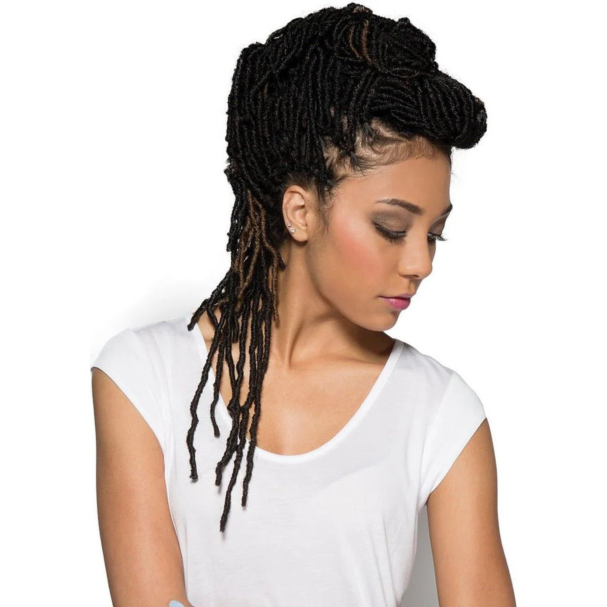 Model wearing Bobbi Boss 2X Nu Locs Crochet Hair